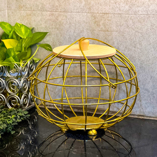 Golden Multipurpose Basket with Wooden Lid & Handles by Matrix